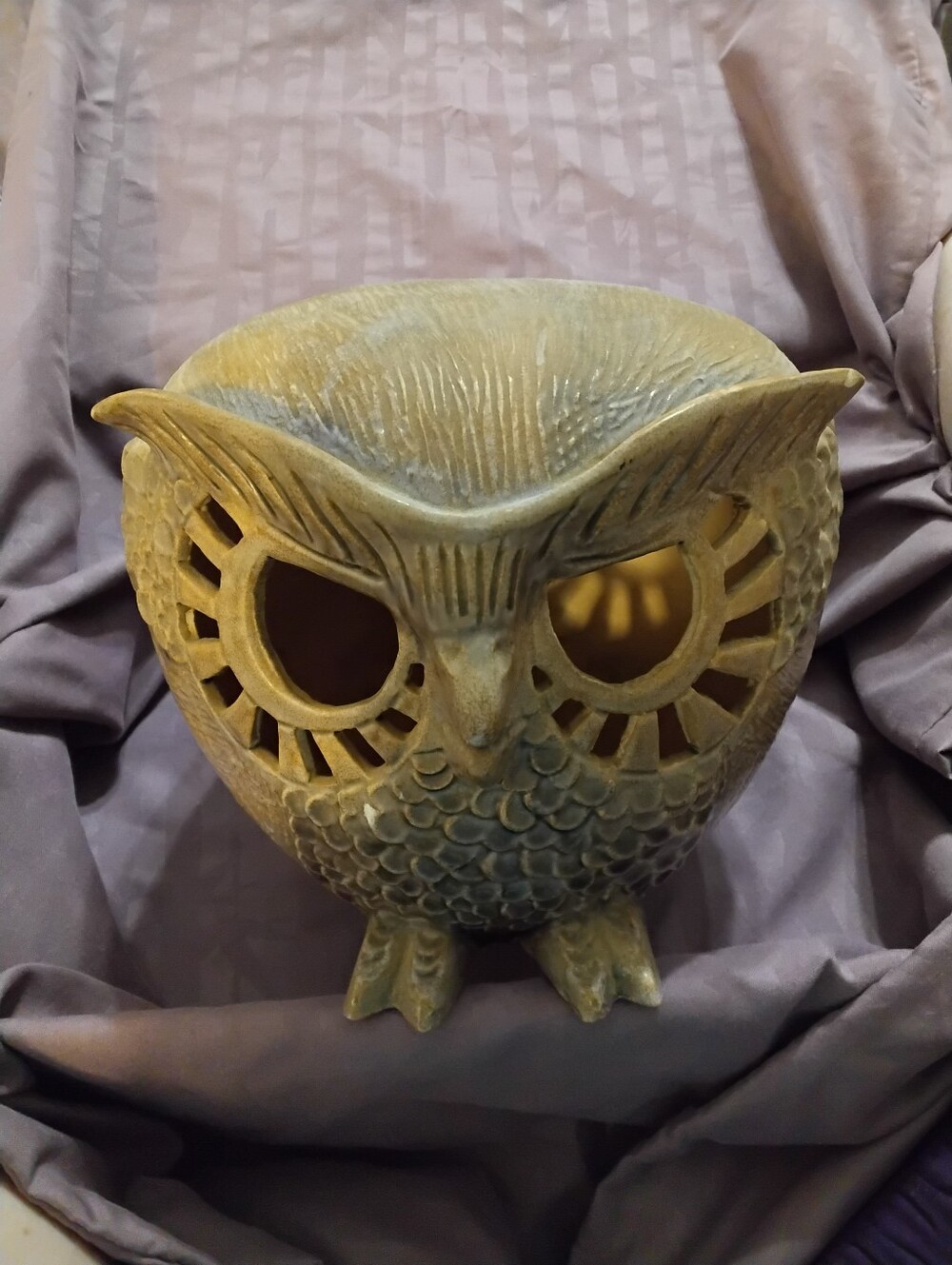 Vintage Ceramic Owl Candle Holder Lantern Unmarked Big Eye Luminary 1970s Boho